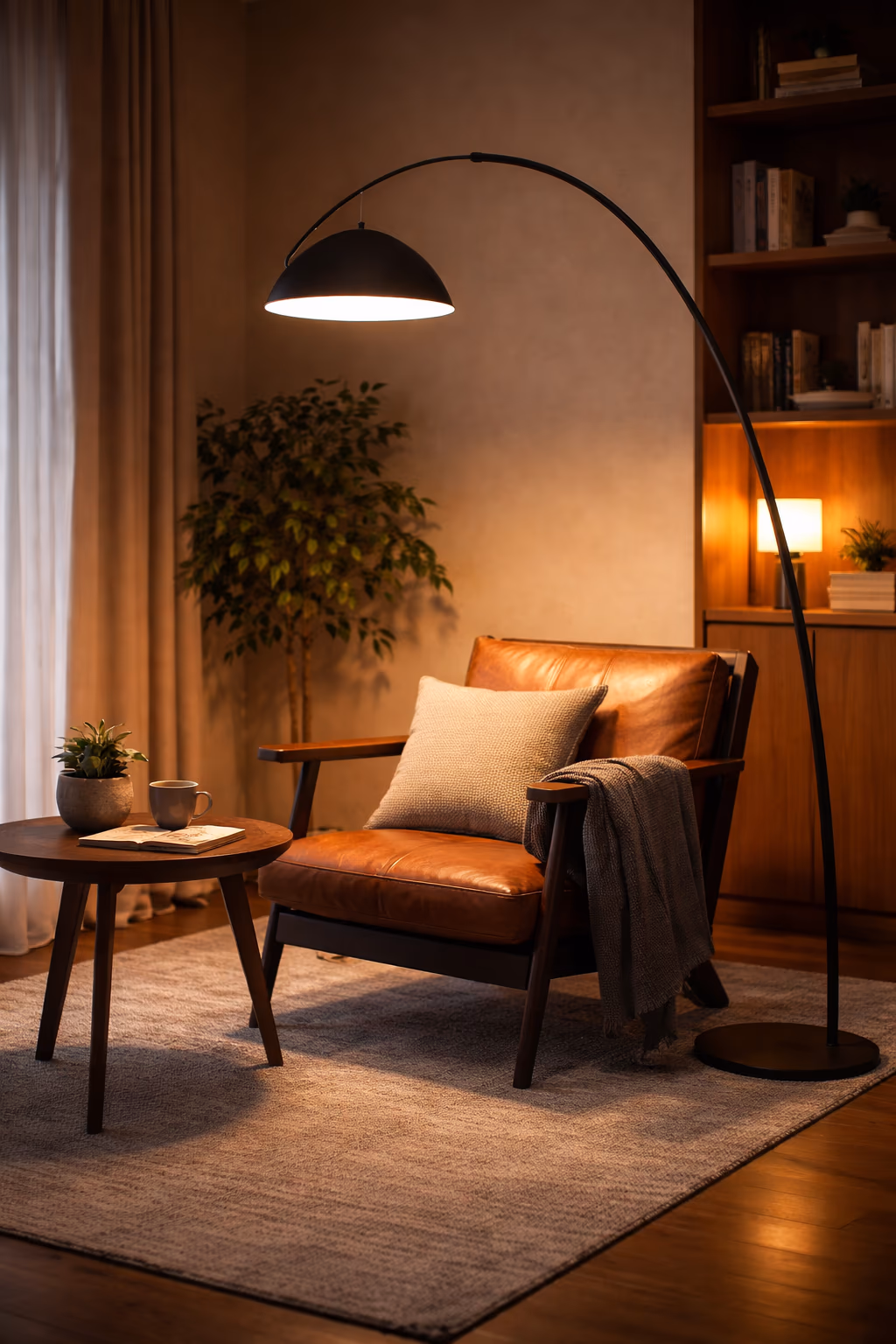 Noir Arc floor lamp in a warm living room